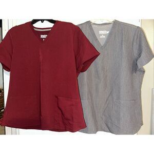 2 NWOT Women’s Fabletics Mode 4 Pocket Scrub Top - Burgundy Wine Gray size XL